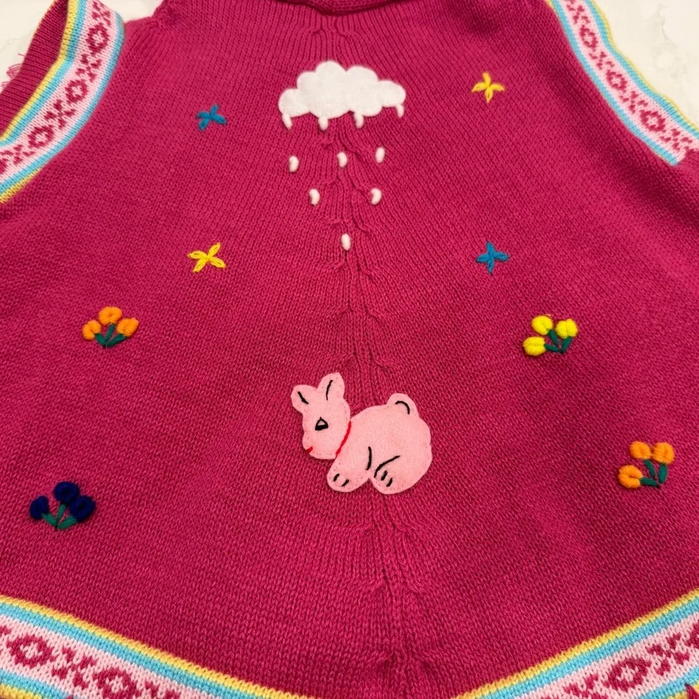 Pink Kids Sweater Poncho‎ with Embroidered Motifs